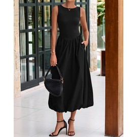 BTFBM Women's 2025 Summer Casual Sleeveless Midi Dress Patchwork Knit Tank Bubble Long Flowy Beach Maxi Sundress Pockets(Black, Large)