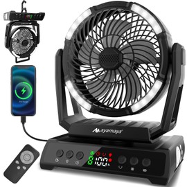 ayamaya Camping Fan with Light 20000mAh Rechargeable Tent Fan with Remote, 9 Speeds Battery Powered Fans with Digital Display, Timer, Auto Oscillation & Hook for Camping, Outdoor Tents, Hurricane