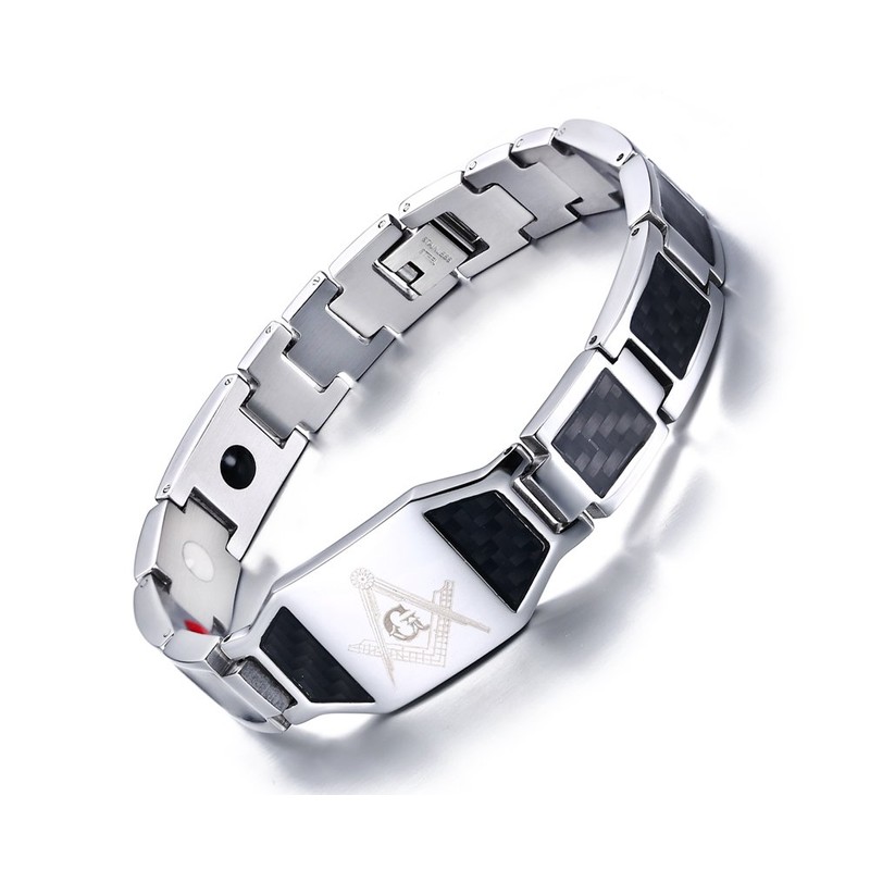 Rockyu Men's Men’s Bracelet, Titanium, Silver, Plated, Masonic Engraving, Magnetic,