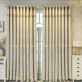Amidoudou 1 Pair European Double Layer Curtains with Valances for Living Room Bedroom Luxury 3D Flower Embroidered Curtains (Beige,52x96 Inch)