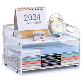 NCXTKJ 3-Tier Letter Tray Paper Organizer with Handle,Compact Mesh Desk File Organizer for Home Office Supplies Desktop Accessories,White