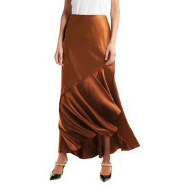 SEBOWEL Women Satin Skirt Silk A Line Swing Ruffle Pleated Cocktail Skirts Silky High Low Tiered Long Maxi Skirt with Split, Caramel, L