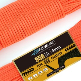 FISHLUND Paracord 550 lb, 7 Strand Type III Paracord Rope 50ft 4mm, Nylon Parachute Cord for Camping, Neon Orange
