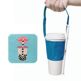 Portable Beverage Cup Foldable Holder Carrier, Tainada Reusable Drink Sleeve Handle Carry Strap for Coffee, Bubble Tea, Hot & Cold Drink with Integrated Straw Holder (Blue)