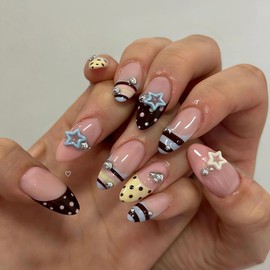 Uas postizas largas almendradas estilo Y2K con dijes de estrellas y punta francesa para mujer, ideales para fiestas (24 unidades)