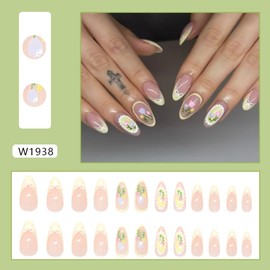 Bow French Tip Press on Nails Medium Almond Shaped Fake Nails Cute Flower Stick on Nails Summer False Nails with Design Tulip Flowers Artificial Nails Glossy Glue on Nails for Women DIY Manicure 24Pcs