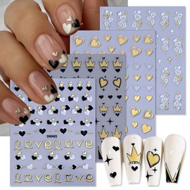 4 Sheets Valentines Day Nail Art Stickers 3D Self-Adhesive Nail Art Design Gold Silver Black White Romantic Valentines Heart French Tip Nail Decals for Women DIY Manicure Valentines Nail Decoration
