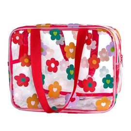 TotePrint Clear Printed Floral Cosmetic Bag and Travel Pouch with Handle-Durable PVC Material,Versatile,Zipper Design for Smooth Sliding-Ideal for Makeup,Travel Essentials (Multifloral-L)