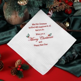 HOULIFE Embroidered Christmas Handkerchiefs for Men and Women, Soft Cotton Handkerchiefs for Christmas, Women's Handkerchief with Christmas Cards Envelope, Colour: 1-1 piece