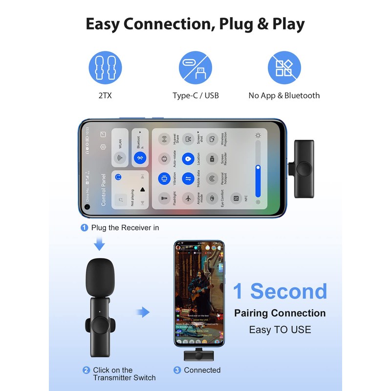 Handy Lavalier Mikrofon, 2.4GH【Type-C&USB】 Ansteckmikrofon für Android-Phones Tablets Vlogging Live-Streaming