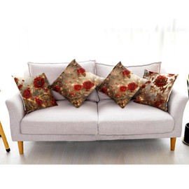 BCKAKQA Rose Cushion Covers 45cm x 45cm Set of 4 Red Gold Floral Throw Pillow Covers 18x18 inches Linen Square Throw Pillow Cases for Living Room Bedroom Sofa Couch Bed Decorative Pillowcases