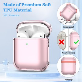 MHYALUDO Compatible with Airpods Case Cover, Compatible with Airpods 1st/2nd Gen (2016/2019), Clear Soft Shockproof Case with Lanyard Cleaning Pen,Pink
