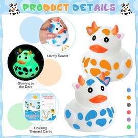 Motionchic 144 Pcs Rubber Cow Ducks Cruise Tag Kit Includes Glow in The Dark Mini Fluorescent Colorful Rubber Ducks Tag Elastic Band for Cow Party Favor Cruising Hiding Ships Carnival