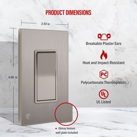ENERLITES Elite Series Decorator Light Switch with Brushed Screwless Wall Plate, Single Pole, 3 Wire, Grounding Screw, Residential Grade, 15A 120V, UL Listed, 91150-NKWBP, Brushed Nickel