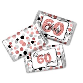 Confetti Rose Gold Polka Dot 60th Birthday Party Mini Chocolate Candy Bar Sticker Wrappers, 45 1.4" x 2.6" Wrap Around Labels by Amanda Creation, Great for Party Favors