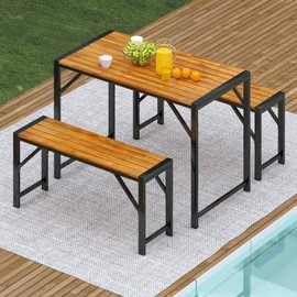 Tangkula 3-Pieces Patio Dining Set for 4 People, Outdoor Picnic Table & 2 Benches, 44" Acacia Wood Dining Table w/Metal Frame, Space-Saving Dinette Set for Garden Porch Poolside Yard Balcony