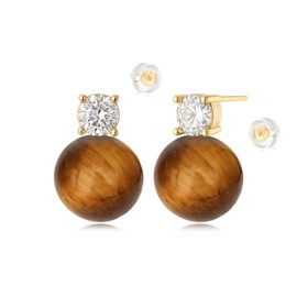 MYEARS Women Stud Earrings Gold Bead Ball Tiger's Eye Cubic Zirconia 14K Small Simple Hypoallergenic Everyday Jewelry