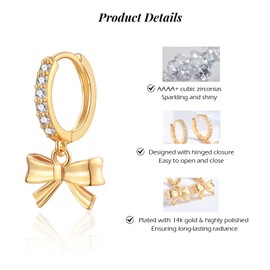 Gold Bow Drop Hoop Earrings for Women Girls, Gold Hoop Dangle Earring with Cubic Zirconia, Hypoallergenic Huggie Hoops Earrings Jewelry Gifts