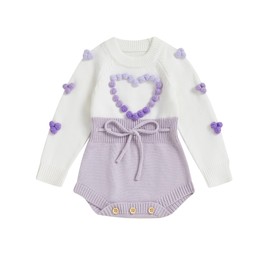 ZZLBUF Baby Girl Knit Romper Infant Heart/Flower Embroidery Long Sleeve Sweater Romper Bodysuit Fall Winter Clothes (01- Heart Purple, 3-6 Months)