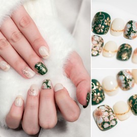 Sun&Beam Nails Handmade Short Round Green Gold White False Nail Tips with Cute 3D Flower Popular Charm Design Press On Nails 10 Pcs (#76 M)
