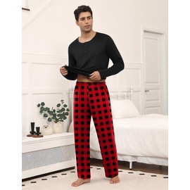 Ekouaer Men's Pyjamas Sets Long Sleeve Pjs Soft Loungewear Winter Henley Top with Checked Pants Black Red M