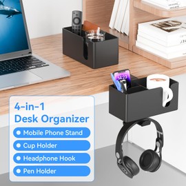 4 in 1 Desk Cup Holder with Storage - Clamp on Under Desk Headphone Hanger - Detachable Pen Cup Holder Desktop Storage for Desktop Attachments Accessories