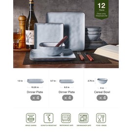 Famiware Dinnerware Sets for 4, Ocean Square 12-Piece Kitchen Plates and Bowls Sets, Reactive Glaze, Microwave and Dishwasher Safe, Scratch Resistant, Grey