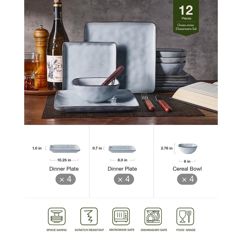 Famiware Dinnerware Sets for 4, Ocean Square 12-Piece Kitchen Plates