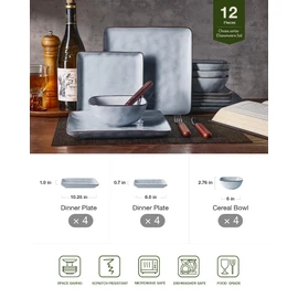 Famiware Dinnerware Sets for 4, Ocean Square 12-Piece Kitchen Plates and Bowls Sets, Reactive Glaze, Microwave and Dishwasher Safe, Scratch Resistant, Grey