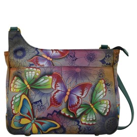 Anna by Anuschka Women's Genuine Leather Medium Asymmetric Dual Pocket Cross Body| Hand Painted Original Artwork | Butterfly Paradise