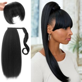 Kinky Straight Ponytail Extension with Bangs for Black Women,Yaki Straight Wrap Arpund Pony Tail Hair Clip in Ponytail Extension Magic Paste Natural Looking Hair Hairpiece for Daily Party Use (Black)