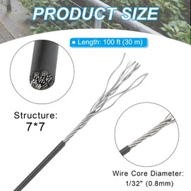 PATIKIL Wire Rope 100 ft, 304 Stainless Steel Cable 5/128inch(1 mm) 7x7 Strands Black Vinyl Coated with 20pcs Aluminum Crimping Sleeves for Deck Railing