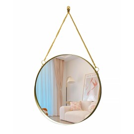 MAOXINGREN Espejo Redondo de Pared sin Agujero Vintage Dorado Redondo de Pared, Espejo de Cadena Colgante Multiusos para baño, Dormitorio, salón, etc, Espejo Decorativo clásico (Mediano)