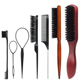 Slick Back Hair Brush, 7PCS Professional Slick Back Brush Smoothing Hair Brush with Boar Bristles, Complete Styling Kit for Slick Back Hair Products, for Men & Women, Includes Comb & Tools