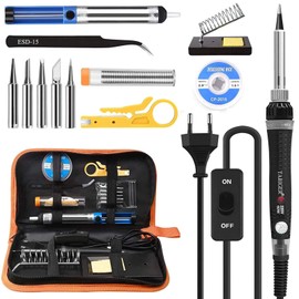 Soldering Iron Set 14-in-1 with Adjustable Temperature 200-450 °C, On/Off Switch, 60 W/220 V Soldering Set with 5 Soldering Tips, Desoldering Pump, Solder, Tweezers, Soldering Station, Carry Case and