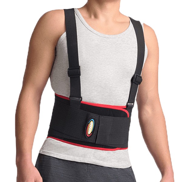 MAXAR Deluxe Back Brace for Work, Removable Suspenders/Straps, Spring Metal Stays, Ideal Support Belt for Sciatica, Herniated Disc, Lumbosacral Back Pain Relief & Heavy Lifting, Unisex (XL)
