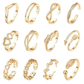 12 Pcs Gold Rings for Women Set Stacking Rings Jewellery Knuckle Rings Women Gold Adjustable Open Filled Toe Rings Hawaiian Summer Beach Foot Jewelry Ladies Gold Ring Set for Mother's Day Birthday
