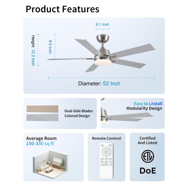 52 Inch Ceiling Fans with Lights and Remote, Brushed Nickel