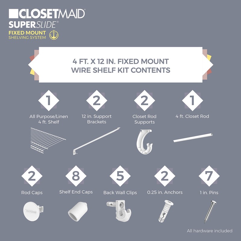 ClosetMaid 5631 SuperSlide Ventilated Shelf Kit with Closet Rod, 4-Foot