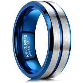 King Ring 8mm Flat Lines Ring – Ultra Polished Mens Ring with Two Matt Lines Stainless Steel Wedding Band K18 – Blue Silver 13