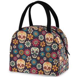ZzWwR Chic Sugar Skull Day Of The Dead Reusable Lunch Tote Bag with Front Pocket Zipper Closure Insulated Thermal Cooler Container Bag for Man Women Work Picnic Travel Beach Fishing