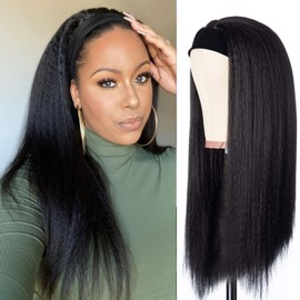 FFDDear Headband Wig 20 Inch Yaki for Black Women Afro Kinky Straight Wig Headband Synthetic Wigs for Daily Party (1B)