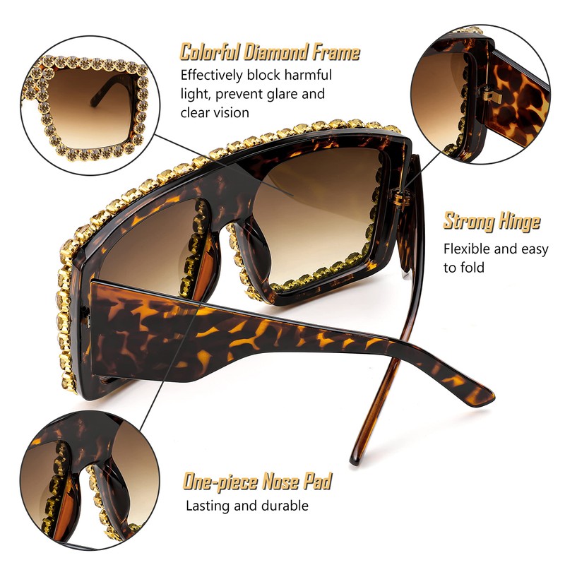 FEISEDY Oversized Square Sunglasses for Women with Sparkling Rhinestone Thick