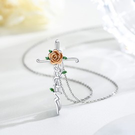 Twoowl Faith Cross Rose Necklace 925 Sterling Silver Rose Pendant Necklace Religious Jewellery Gifts for Women Girls