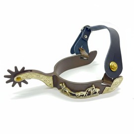 QualiTime Western Cowboy Spurs with Straps Set - Antique Solid Brass Trims & Buckle 485g Hand Engraved Riding Spurs & Leather Straps Set for Men