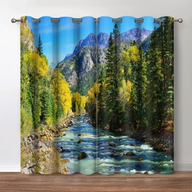 Jekeno Forest Tree Blackout Curtains - Swiss Mountains Snowmelt Stream Decor, Clear Blue Sky Nature Theme Grommet Window Drapes for Bedroom Living Room, 42 Wide 54 Long inches, 2 Panel Set
