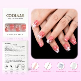 Summber White Flowers French Tip Press On Nails Square - Coolnail Semi-Transparent Pink Fake Nails Medium, Glue On False Nails with Jelly Nail Glue, Supremely Fit & Natural Reusable Stick On Nails