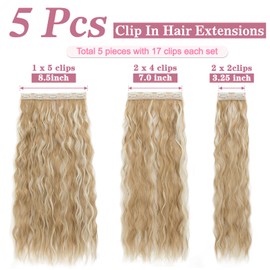 SLEEKALON Clip in Hair Extensions Lace Weft 5PCS Hair Extensions Thick 24" Long Loose Waves Curly Lightweight Synthetic Hairpieces for Women 24/26P613