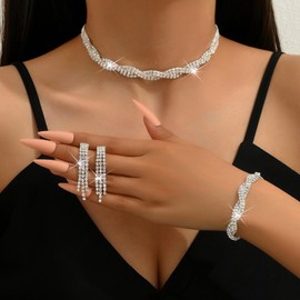 Silver Jewelry for Women Costume Jewelry Wedding Jewelry Set for Women Brides Sparkling Rhinestone Choker Necklace Earrings Bracelet Set Prom Wedding Guest Dresses Accessories for Women