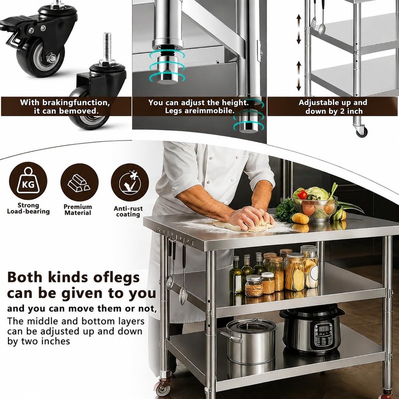 Stainless steel kitchen prep and work table with Wheels,36x24in,Multi-Size